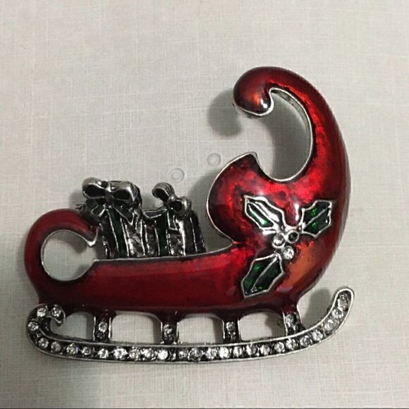 Red Sleigh Brooch with rhinestones NEW - Picture 3 of 3